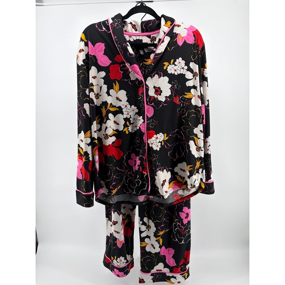 Room Service Pajama Set Shawl Collar Black‎ Floral, Super Soft, Women's Size XXL